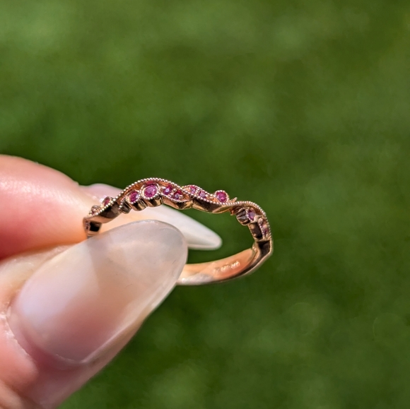 14K Rose Gold Ruby Milgrain Floral Style Ring Band - Picture 2 of 8